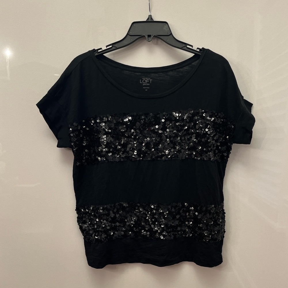 LOFT Black Sequin Short Sleeve Top